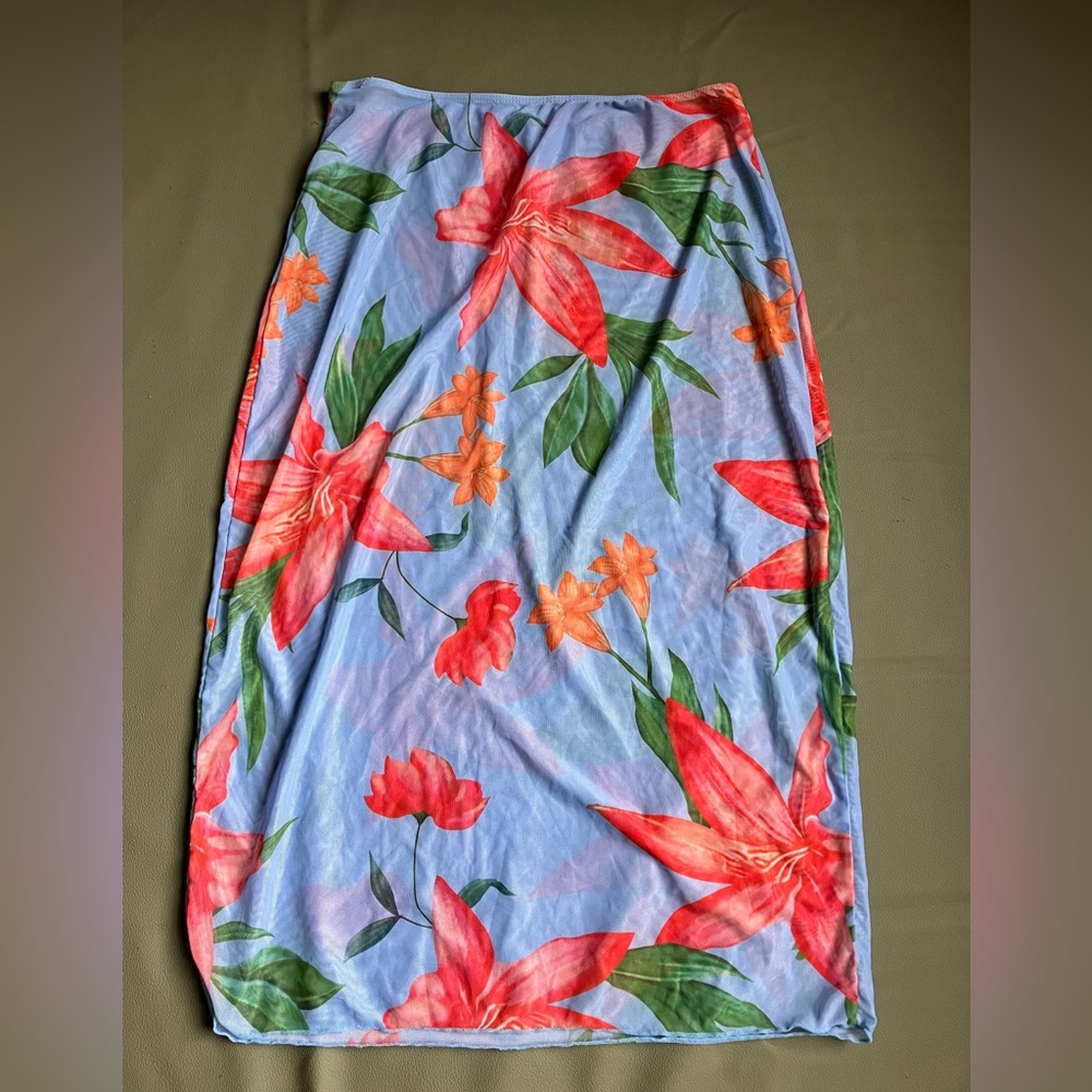 Tropical Floral Mesh Midi Skirt Blue Red Lily Print Size 1XL